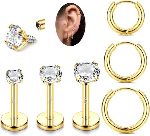 G23 Titanium 18G 16G Tragus Piercing Jewelry Labret Stud Internal Threaded CZ Labret Jewelry Monroe Medusa Lip Piercing Jewelry Nose Rings Hoop Cartilage Earrings for Women Men 6Pcs in Kuwait