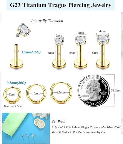 G23 Titanium 18G 16G Tragus Piercing Jewelry Labret Stud Internal Threaded CZ Labret Jewelry Monroe Medusa Lip Piercing Jewelry Nose Rings Hoop Cartilage Earrings for Women Men 6Pcs in Kuwait