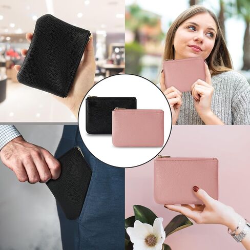 Chelmon PU Leather Coin Purse Pouch Change Holder With Zipper for Men Women 2 PCS Set (Black&Pink) in Saudi Arabia