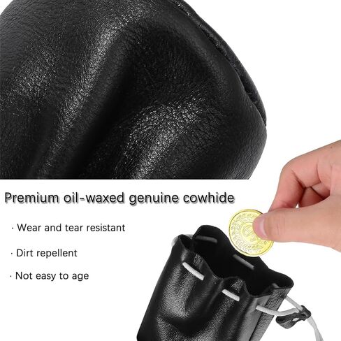 حقيبة برباط من الجلد الطبيعي، محفظة عملات معدنية سوداء اللون، منظم حقيبة جلدية صغيرة للعملات المعدنية لتغيير الأشياء الصغيرة والمجوهرات الصغيرة للرجال والنساء in Kuwait