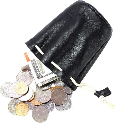 حقيبة برباط من الجلد الطبيعي، محفظة عملات معدنية سوداء اللون، منظم حقيبة جلدية صغيرة للعملات المعدنية لتغيير الأشياء الصغيرة والمجوهرات الصغيرة للرجال والنساء in Kuwait