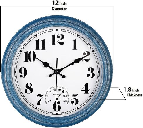 jenlystime 12 بوصة داخلي / خارجي ساعة حائط مقاومة للماء مع ميزان حرارة صامت مستدير بطارية كوارتز تعمل سهلة القراءة ديكور لفناء المطبخ والحمام والسطح والشرفة والمسبح (أزرق) in Kuwait