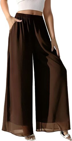 Palazzo Pants for Women Dressy Summer Casual Boho Chiffon Wide Leg Pants Elegant Flowy Beach Pants in Saudi Arabia