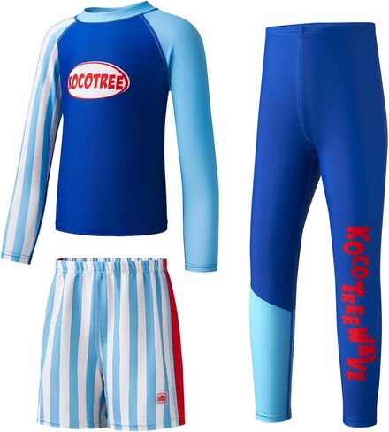 بدلة سباحة مكونة من 3 قطع بأكمام طويلة للحماية من أشعة الشمس فوق البنفسجية، ملابس سباحة مخططة للحماية من الطفح الجلدي in Kuwait