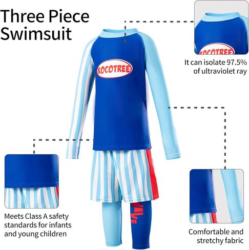 بدلة سباحة مكونة من 3 قطع بأكمام طويلة للحماية من أشعة الشمس فوق البنفسجية، ملابس سباحة مخططة للحماية من الطفح الجلدي in Kuwait