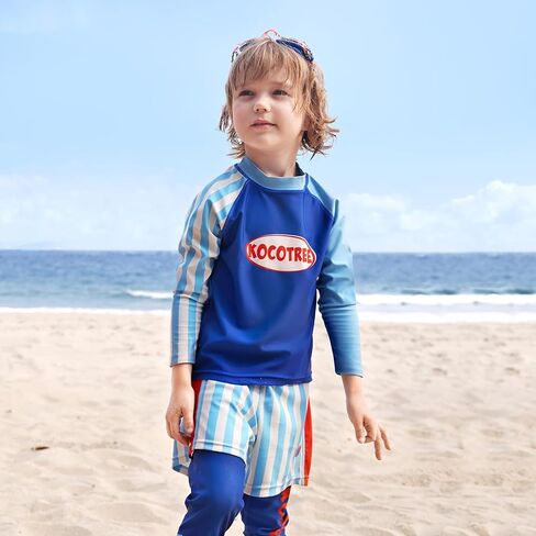 بدلة سباحة مكونة من 3 قطع بأكمام طويلة للحماية من أشعة الشمس فوق البنفسجية، ملابس سباحة مخططة للحماية من الطفح الجلدي in Kuwait