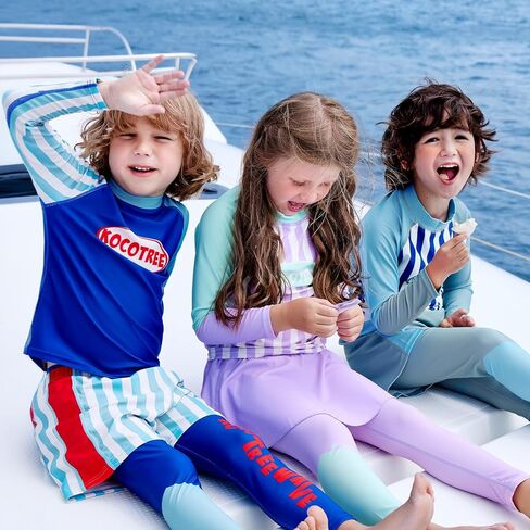 بدلة سباحة مكونة من 3 قطع بأكمام طويلة للحماية من أشعة الشمس فوق البنفسجية، ملابس سباحة مخططة للحماية من الطفح الجلدي in Kuwait