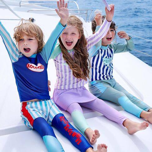 بدلة سباحة مكونة من 3 قطع بأكمام طويلة للحماية من أشعة الشمس فوق البنفسجية، ملابس سباحة مخططة للحماية من الطفح الجلدي in Kuwait