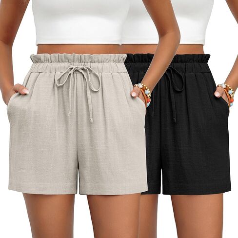 مجموعة من 2 شورت كتان نسائي كاجوال برباط عالي الخصر موضة صيف 2024 شورت مريح مع جيوب in Kuwait