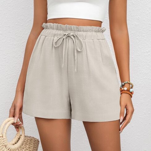 مجموعة من 2 شورت كتان نسائي كاجوال برباط عالي الخصر موضة صيف 2024 شورت مريح مع جيوب in Kuwait