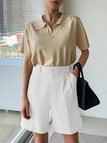 Bermuda Shorts for Women Dressy Elastic High Waisted Knee Length Shorts Casual Wide Leg Summer Shorts with Pockets in Saudi Arabia