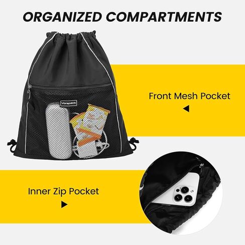 حقيبة ظهر برباط من Vorspack - حقيبة برباط مع حقيبة ظهر بجيب شبكي مع شرائط عاكسة حقيبة ظهر للرياضة والسفر في صالة الألعاب الرياضية - أسود in Kuwait