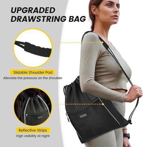 حقيبة ظهر برباط من Vorspack - حقيبة برباط مع حقيبة ظهر بجيب شبكي مع شرائط عاكسة حقيبة ظهر للرياضة والسفر في صالة الألعاب الرياضية - أسود in Kuwait
