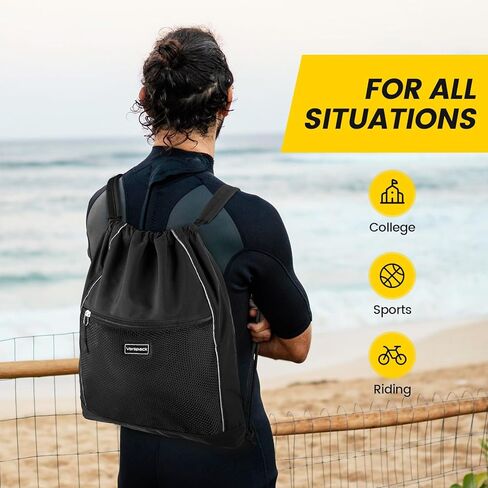 حقيبة ظهر برباط من Vorspack - حقيبة برباط مع حقيبة ظهر بجيب شبكي مع شرائط عاكسة حقيبة ظهر للرياضة والسفر في صالة الألعاب الرياضية - أسود in Kuwait