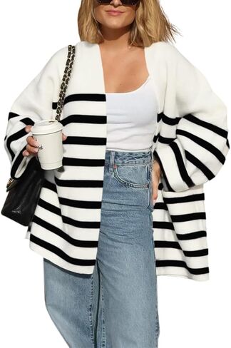 Saodimallsu Womens Oversized Striped Cardigans Open Front Chunky Knit Casual Loose Fit Long Sleeve Sweater Coats in Saudi Arabia