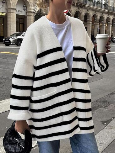 Saodimallsu Womens Oversized Striped Cardigans Open Front Chunky Knit Casual Loose Fit Long Sleeve Sweater Coats in Saudi Arabia