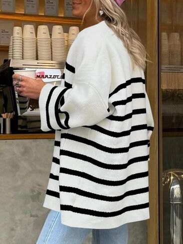 Saodimallsu Womens Oversized Striped Cardigans Open Front Chunky Knit Casual Loose Fit Long Sleeve Sweater Coats in Saudi Arabia