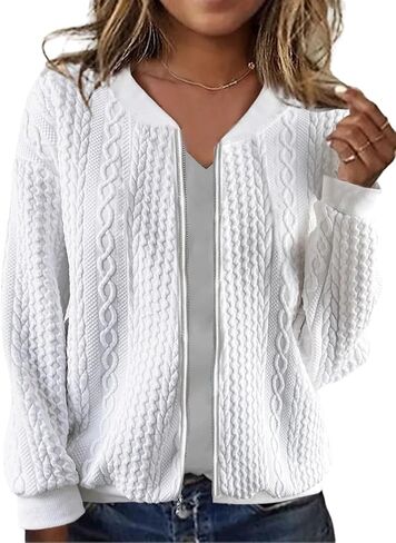 Women's Zip Up Cardigan Sweater Cable Hoodies Long Sleeve Jacket Outfits Crewneck Casual Coat in Saudi Arabia