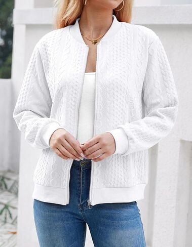 Women's Zip Up Cardigan Sweater Cable Hoodies Long Sleeve Jacket Outfits Crewneck Casual Coat in Saudi Arabia