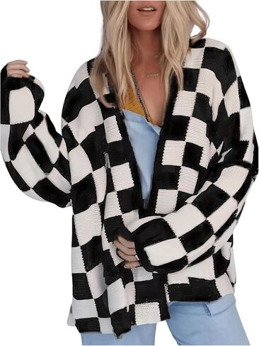 SOLY HUX Women's Long Sleeve Oversized Sweater Checkered Cardigan Open Front Outerwear Tops in Saudi Arabia