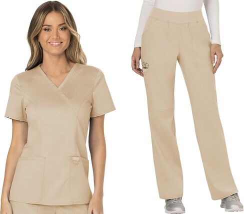 مجموعة ملابس العمل النسائية من Cherokee Revolution WW610 Mock Wrap Top & WW110 Mid Rise Straight Leg Pull-on Pant، كاكي - M Top / M Pant in Saudi Arabia