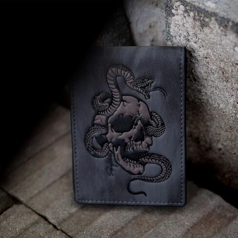 محفظة رفيعة للرجال مزودة بمشبك نقود وجيب أمامي على شكل جمجمة وحامل بطاقة ائتمان بسيط ثنائي الطي من الجلد الطبيعي مع خاصية حجب تحديد الهوية بموجات الراديو (رمادي) in Kuwait