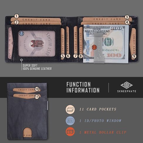 محفظة رفيعة للرجال مزودة بمشبك نقود وجيب أمامي على شكل جمجمة وحامل بطاقة ائتمان بسيط ثنائي الطي من الجلد الطبيعي مع خاصية حجب تحديد الهوية بموجات الراديو (رمادي) in Kuwait