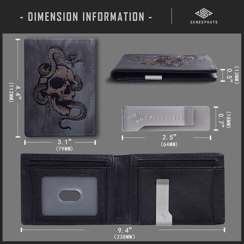 محفظة رفيعة للرجال مزودة بمشبك نقود وجيب أمامي على شكل جمجمة وحامل بطاقة ائتمان بسيط ثنائي الطي من الجلد الطبيعي مع خاصية حجب تحديد الهوية بموجات الراديو (رمادي) in Kuwait