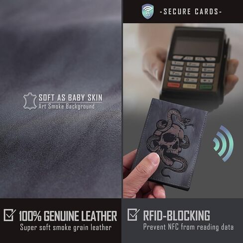 محفظة رفيعة للرجال مزودة بمشبك نقود وجيب أمامي على شكل جمجمة وحامل بطاقة ائتمان بسيط ثنائي الطي من الجلد الطبيعي مع خاصية حجب تحديد الهوية بموجات الراديو (رمادي) in Kuwait