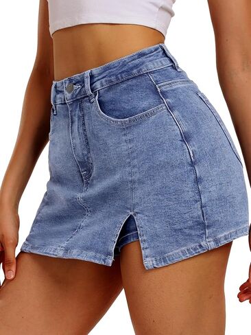 ELLEVEN Women’s Side Slit Denim Skort, High-Stretch,High Waisted,Y2K Mini Jean Skirt Shorts with 5 Pockets in Kuwait