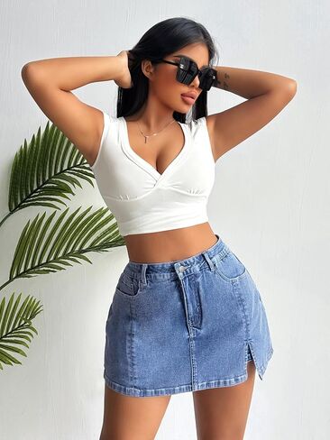 ELLEVEN Women’s Side Slit Denim Skort, High-Stretch,High Waisted,Y2K Mini Jean Skirt Shorts with 5 Pockets in Kuwait