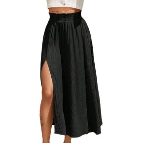 Avanova Women Slit Split High Waist Pleated Long Skirt Elastic Flowy Midi Skirt