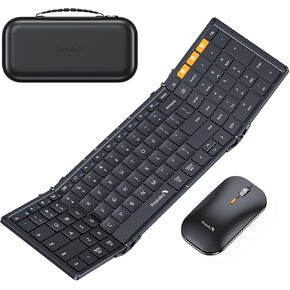 Foldable Keyboard and Mouse, ProtoArc XKM01 Folding Bluetooth Keyboard Mouse Combo for Business and Travel, 2.4G+Dual Bluetooth Full-Size Portable Keyboard for Laptop iPad Tablet - Blue & Black