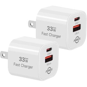 [2 Pack] PDMAX USB C Charger Block 33W GaN,Compact Charging Block,Dual Port Type C&A Wall Charger Fast Charging for iPhone 15/14/13/12,Galaxy,Pixel,iPad,AirPods,Apple Watch and More(White)
