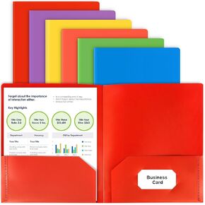 6 Plastic Folders with Pockets, Multi Colors Pocket Folders with Business Card Holder, Heavy Duty 6 File Folders for Documents Office Organizer Folder Letter Size School Supplies
