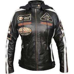 LP-FACON Women's Badges Biker Retro Moto Patches Armored Leather Jacket Motorcycle Protective Outerwear | Detachable Hoodie