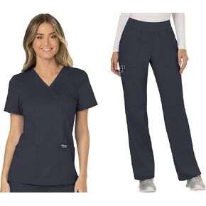 Cherokee Scrub Set For Women, Modern Classic Fit Mock Wrap Top WW610 With Mid Rise, Straight Leg Pant WW110, Pewter- M Top/M Petite Pant