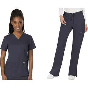 Cherokee Scrub Set For Women Modern Classic Fit 3 Pockets V-Neck Top WW620 with 5 Pockets Moderate Flare Leg Pant WW120, Pewter - M Top/M Pant
