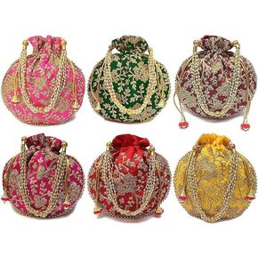 Pack of 15 Indian Ethnic Potli Bag Ladies Handbag Purse for Bridal Batwa Pearls Handle Purse Clutch Purse for Women