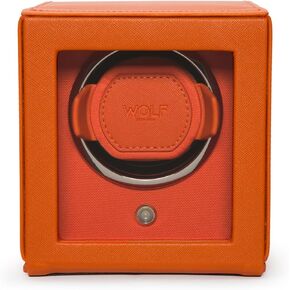 WOLF Cub Single Watch Winder with Glass Cover, Orange - Secure Fit with Patented Lock-In Dynamic Cuff - Accommodates All Wrist Sizes - Vegan Leather - Includes Universal Adapter