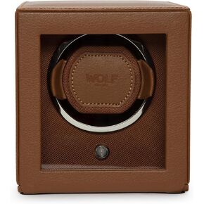 Wolf Cub Single Watch Winder with Glass Cover, Cognac - Secure Fit with Patented Lock-in Dynamic Cuff - Accommodates All Wrist Sizes - Vegan Leather - Includes Universal Adapter