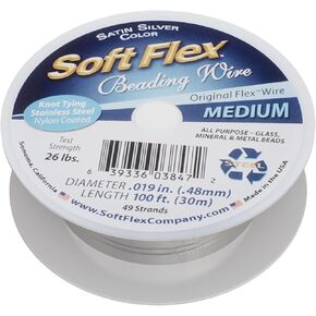 Soft Flex Kink Resistant Knot Tying Hypoallergenic Jewelry Making Wire, 49 Strand Braided Stainless Steel Beading Wire .019 Medium Diameter 100 ft Satin Silver Nylon Color Coating