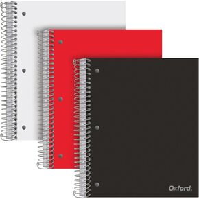 Oxford 5 Subject Notebook College Ruled - Pack of 3 8.5 X 11 Spiral Notebook - 200 Sheets - With Durable Plastic Cover - 5 Divider Pockets - Black, White, and Red