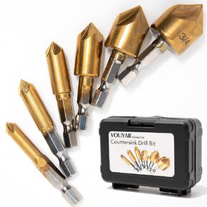 YOUYAR HSS 6PC Countersink Drill Bit Set for Metal with Case 82 Degree 1/4'' Hex Shank HSS 5 Flute Center Punch Tool Sets for Wood, Quick Change Bit 1/4" 5/16" 3/8" 1/2" 5/8" 3/4"
