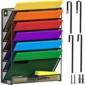 7-Tier Wall Hanging File Organizer Cubicle Hanging Organizer Mount File Holder, Mesh Magazine Document Mail Organizer Wall Organizer for Office School Home, Black