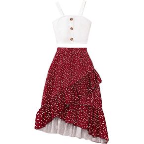 GORGLITTER Girl's 2 Piece Skirt Set Button Decor Camisole Top Polka Dots Ruffle Hem Wrap Skirts Summer Clothing Sets