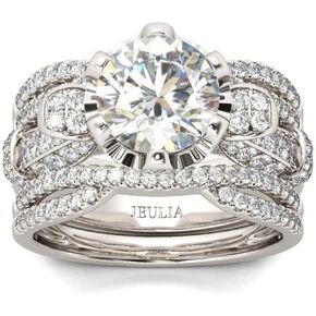 Jeulia Vintage Wedding Bridal Ring Set:Sterling Silver Round Cut Halo Diamond Engagement Band for Women Best Anniversary Promise Valentines Jewelry Gift with Box