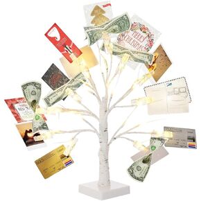 Money Tree Gift Card Holder with 12 Clear Clips, Lighted Photo Cash Lottery Ticket Holder, Unique Desktop Home Decorations for Christmas, Memo, Birthday, Wedding, Graduation