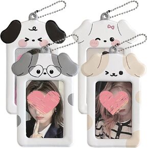 4Pcs Cute Puppies Photocard Holder Keychain,Kawaii Dog Photo Frame ID Badge Holder PVC Cartoon Animal Photo Card Holder Pendant Chain Photocard Sleeves for Star Chasers Enthusiasts Student Card Case