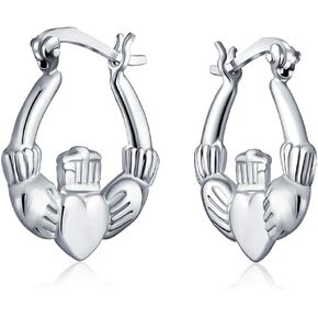 BFF Love Lightweight Sparkling Diamond-Cut Heart Celtic Irish Friendship Claddagh Hoop Earrings For Women For Teen .925 Sterling Silver Diameter .5, 7.5, 1 Inch